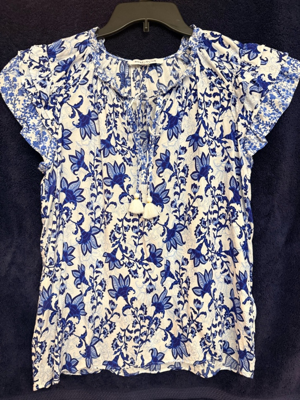 Rose & Olive White and Blue Floral Tassel Tie Blouse